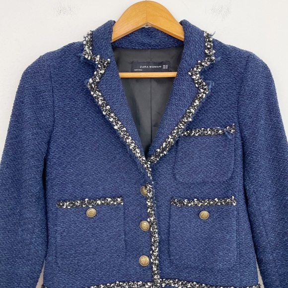 Zara Woman Blue Navy Frayed Tweed Knit Blazer Size Xsmall - Picture 3 of 16